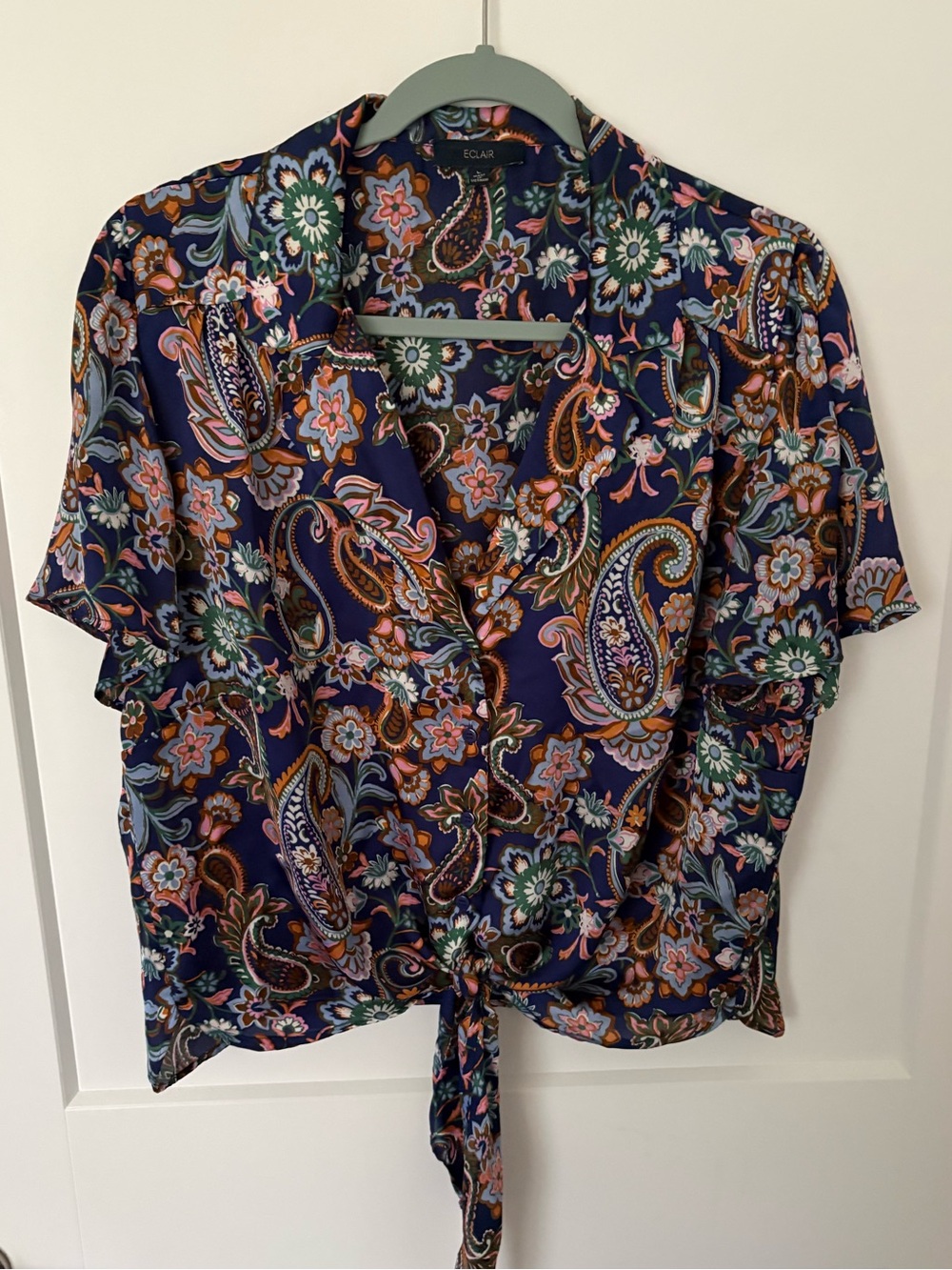 Eclair Navy Paisley Tie-Front Short Sleeve Blouse